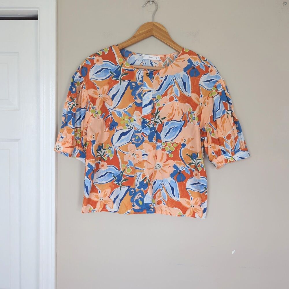 MNG Boxy Bright Hawaiian Tropical Print Short Sleeve Top 100% Cotton Medium
